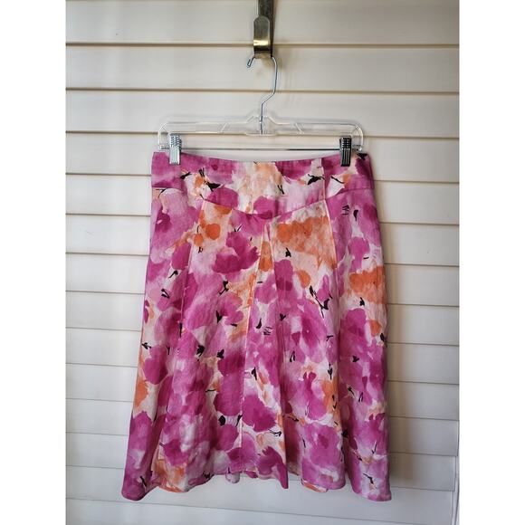 Y2k Hot Pink Linen Skirt with Pleats Knee Length in White, Orange Floral Print - Picture 1 of 10